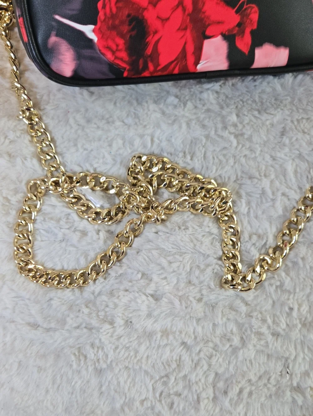 Victoria's Secret Black Crossbody with Red Floral Print and Gold Chain